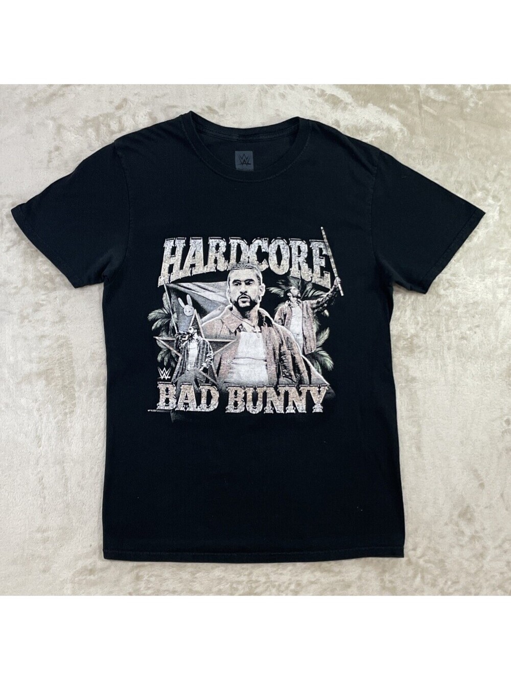 WWE Authentic Bad Bunny “HARDCORE” Black T Shirt Mens Sz M Excellent Condition